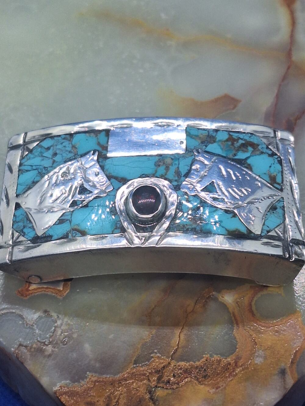 Vintage RSS Mexico 925 Sterling Silver Horse Belt Buckle Turquoise Garnet 46g